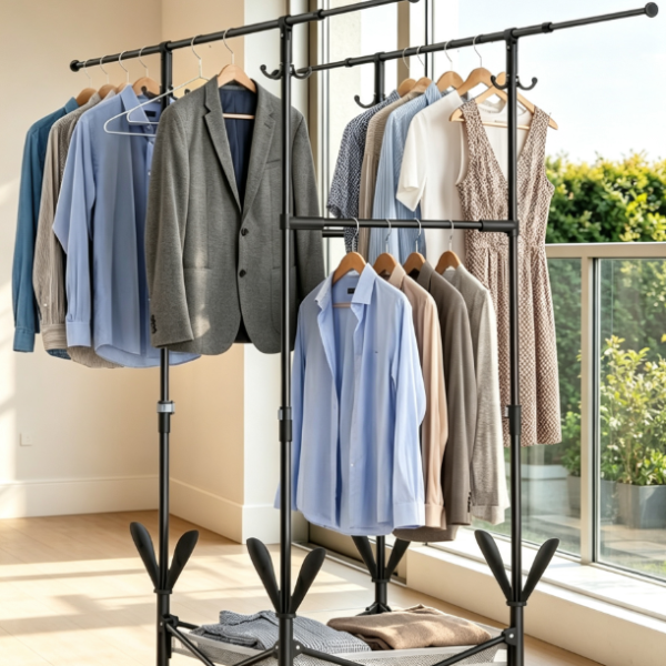 Portable Extendable Double-Rod Clothes Drying Rack