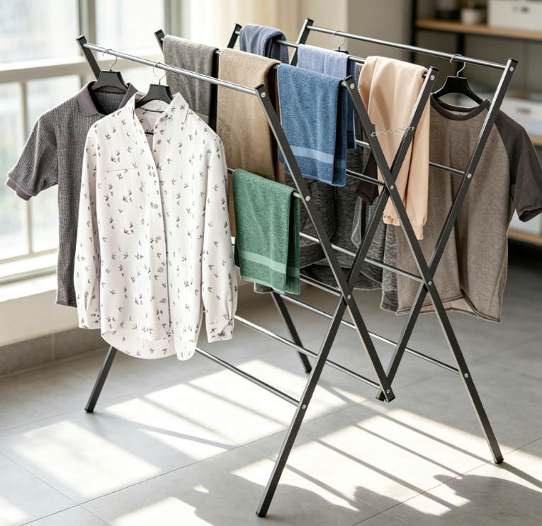 Portable Folding Laundry Drying Rack with Multiple Poles