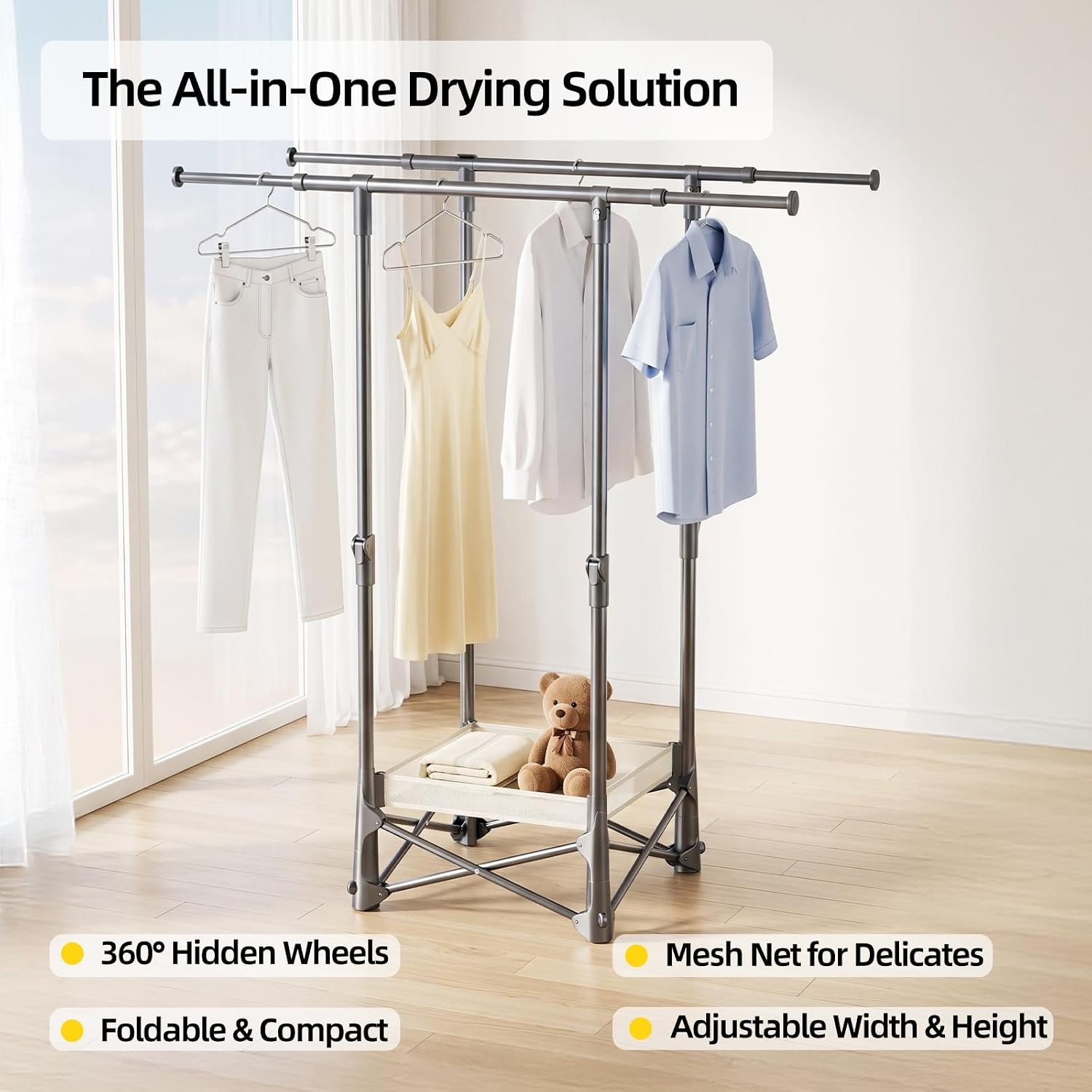 Foldable Clothes Drying Rack with Drying Net and Wheels - Image 2