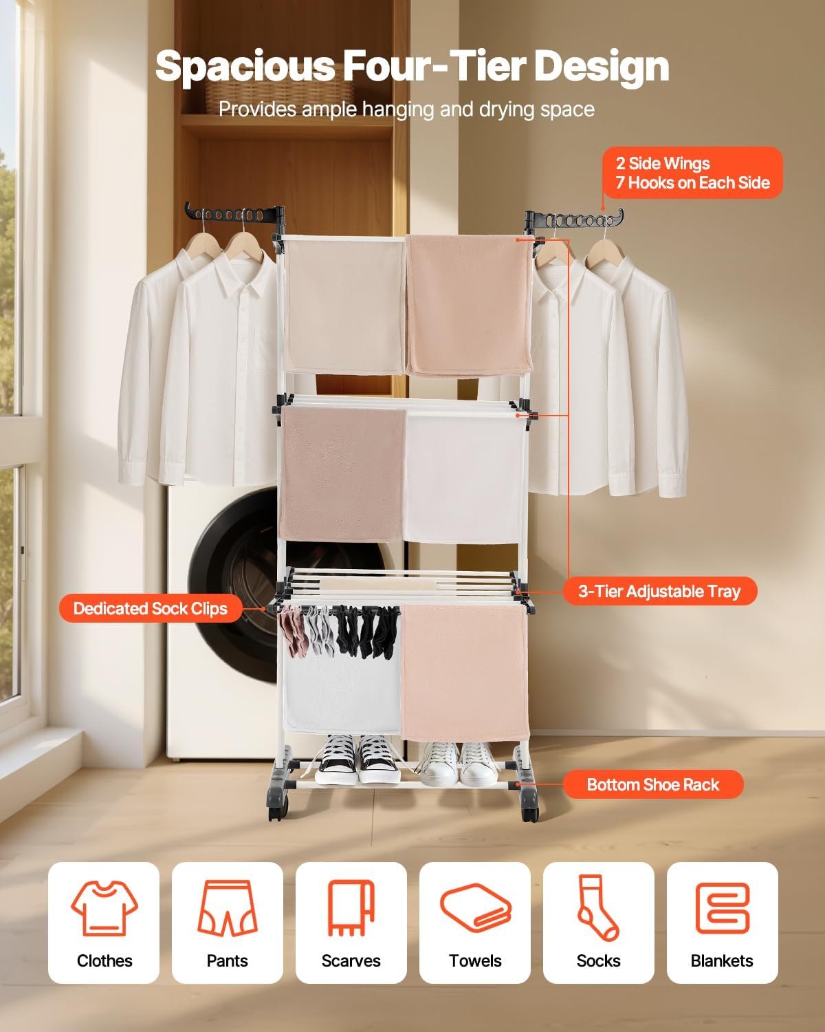 Foldable Multi-Tier Clothes Drying Rack with Wheels - Image 2